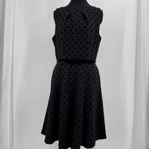 Burnout 90’s  Black Velvet Polka Dot Sleeveless Fit Flare belted Dress  Size M